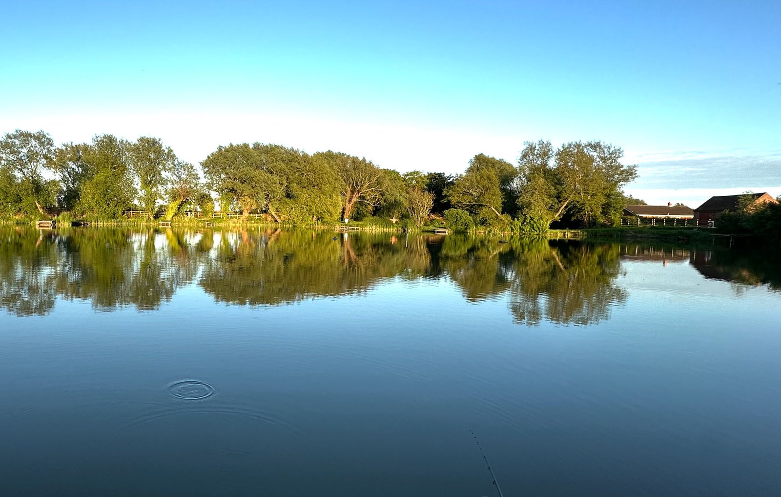 The lake lying still, holding the reflection of the treeline on the far bank